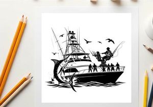 Silhouette of a fishing boat with a large catch and seagulls