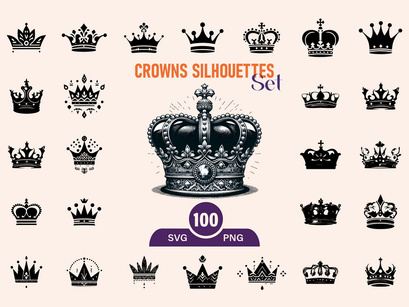 Royal Crown Silhouette, Retro King Crown Icons.