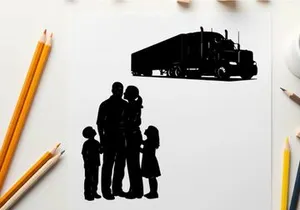 Silhouette of a family and a semi truck on a white background