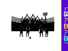 Silhouette of soccer players and fans in a stadium with raised hands