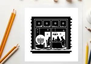 Silhouette of jewish family celebrating hanukkah in a traditional home with menorah silhouette