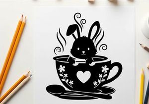 Adorable bunny silhouette in a teacup with heart design