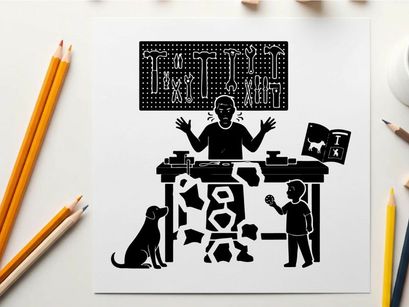 Silhouette of a man and boy with dog at a broken desk