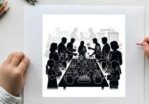 Silhouette of people gathered around a large table with food and drinks silhouette