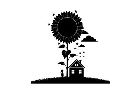Silhouette of a sunflower and house with a person