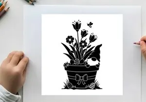 Silhouette of a dog peeking from behind flowers in a decorated pot