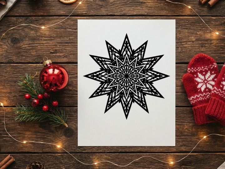 Desain Bintang Mandala Hitam Putih yang Rumit untuk Dekorasi Liburan
