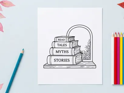 Tumpukan buku dengan pemandangan jendela musim dingin, ilustrasi seni garis untuk membaca Natal.