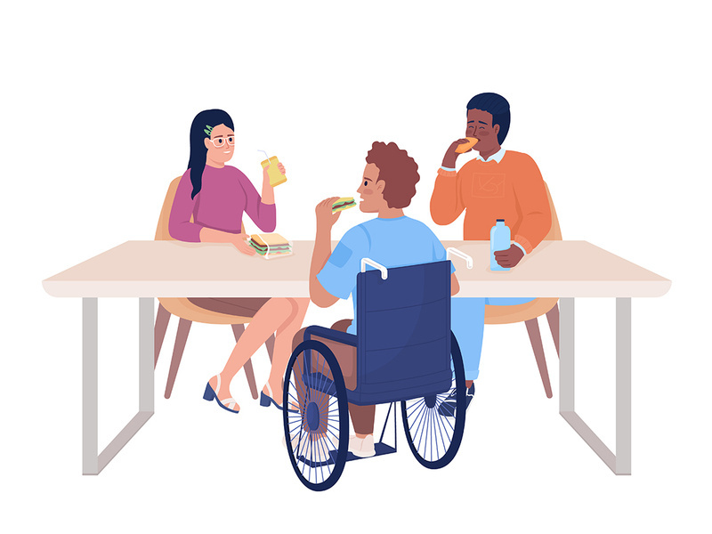 Students dining together semi flat color vector characters