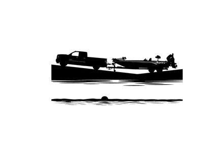 Silhouette of a pickup truck towing a boat on a trailer by the water
