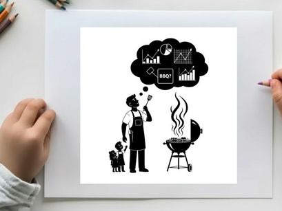 Silhouette of man grilling with dog and business graphs in thought
