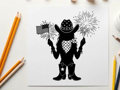 American cowboy silhouette celebrating with fireworks and flag