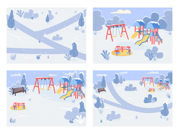 Public park in winter time flat color vector illustration set preview picture