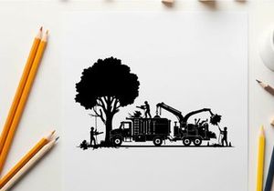 Tree removal service workers with truck and equipment silhouette