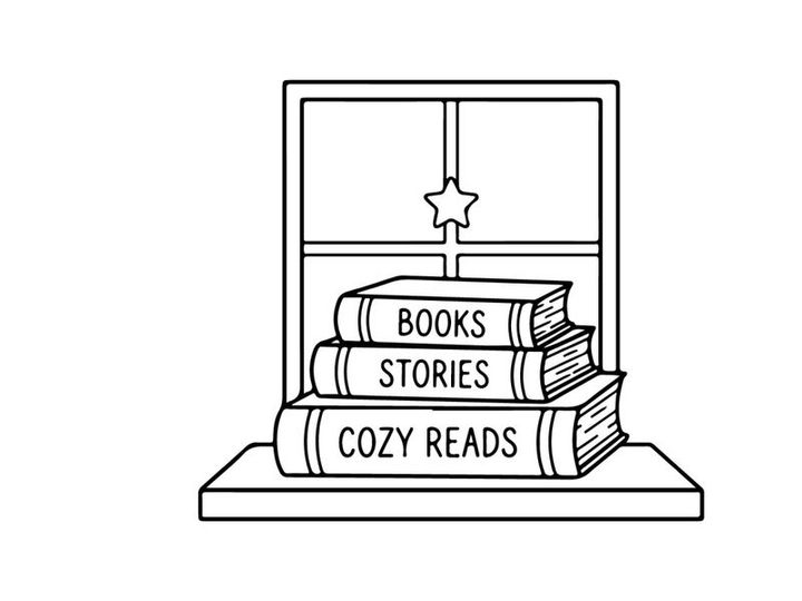 Stack of books on a windowsill with a star icon, cozy Christmas reading illustration.