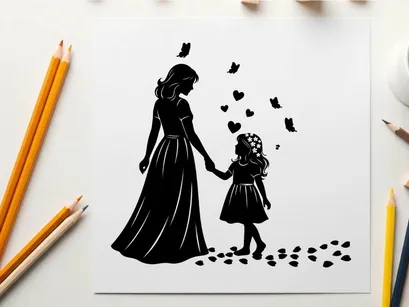 Silhouette of mother and child holding hands with hearts