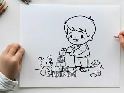 Boy playing with alphabet blocks and toys vector illustration