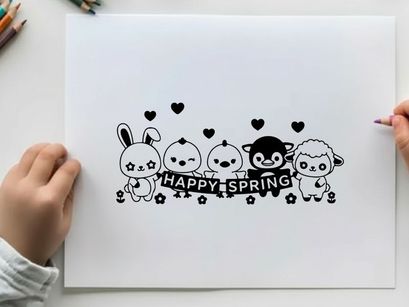 Kawaii cartoon characters celebrate happy spring in silhouette