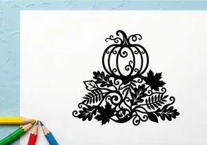 Decorative Halloween Pumpkin with Swirling Design and Leaves