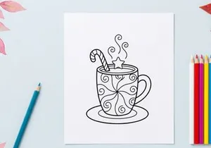 Hand-drawn steaming Christmas coffee mug with candy cane stirrer on festive saucer