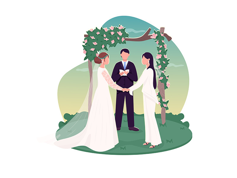 Lesbian couple getting married 2D vector web banner, poster