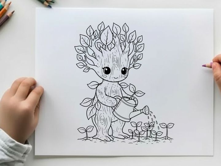 Cute tree child watering plants flat design vector illustration