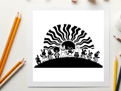 Silhouette of rabbits watching a wavy sunset silhouette