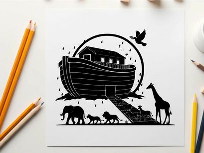 Biblical noah's ark silhouette with animals entering the vessel