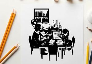 Silhouette of two people working at a desk together