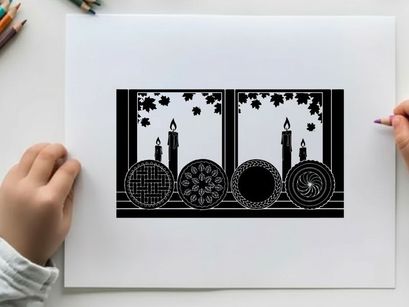 Silhouette of candles and decorative plates on a table