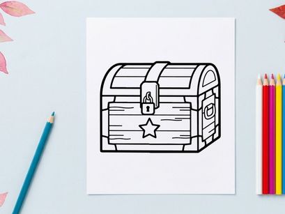 Hand-drawn wooden treasure chest with star lock. Vintage pirate box illustration for adventure and fantasy themes.