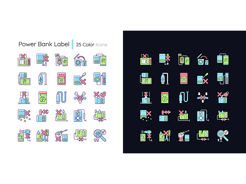 Power bank usage light and dark theme RGB color manual label icons set