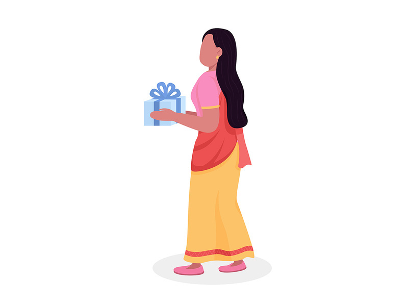 Woman in sari giving gift semi flat color vector character