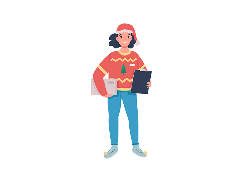 Holiday delivery female courier flat color vector character