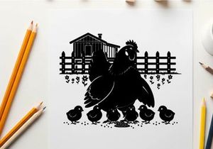 Mother hen and chicks silhouette on farm yard scene