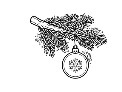 Christmas bauble hanging on a pine tree branch, festive winter holiday line art drawing.