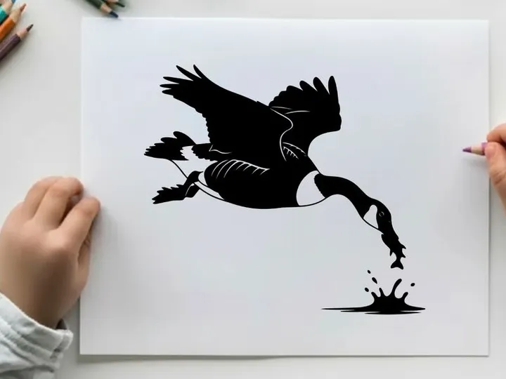 Silhouette of a canada goose in flight diving into water silhouette