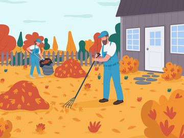 Raking leaves flat color vector illustration preview picture