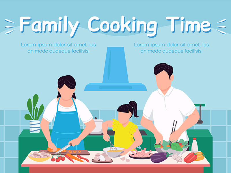 Family cooking time banner flat vector template