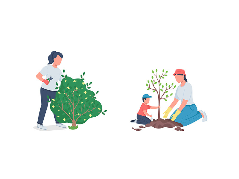 Working in garden flat color vector faceless character set