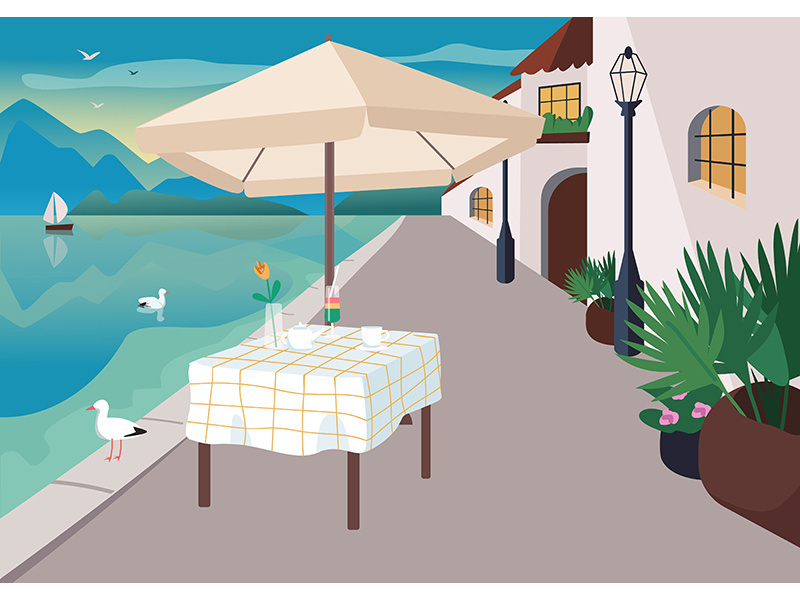 Street restaurant in seaside resort village flat color vector illustration