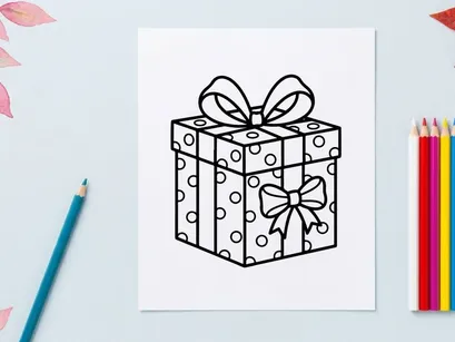 Christmas gift box with polka dot pattern and ribbon bow line art illustration