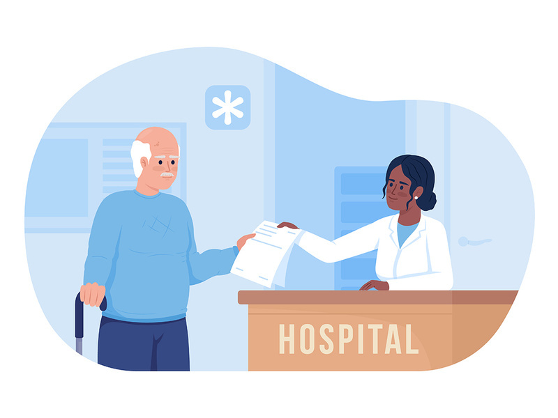 Senior man visiting hospital 2D vector isolated illustration