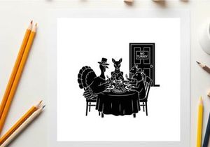 Silhouette of a rabbit and two people dining at a table