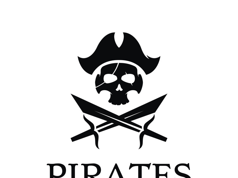 Pirate silhouette logo design with crossed swords, skull and bones.Vector illustration.