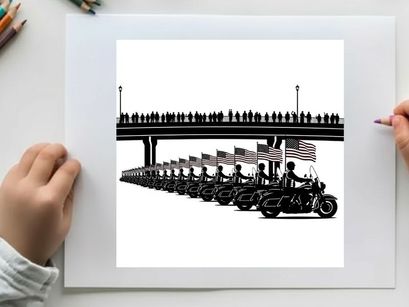 Motorcycle police escort with american flags and silhouette of onlookers