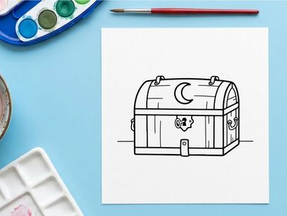 Ilustración de cofre del tesoro clásico con luna y llave. Diseño vectorial de caja de botín pirata vintage para temas de aventura.
