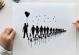 Silhouette of a crowd with a man holding a heart shaped balloon