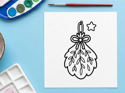 Hand-drawn Halloween holiday ornament with silver star and bow. Festive blue watercolor leaf decoration for seasonal crafts and home decor.