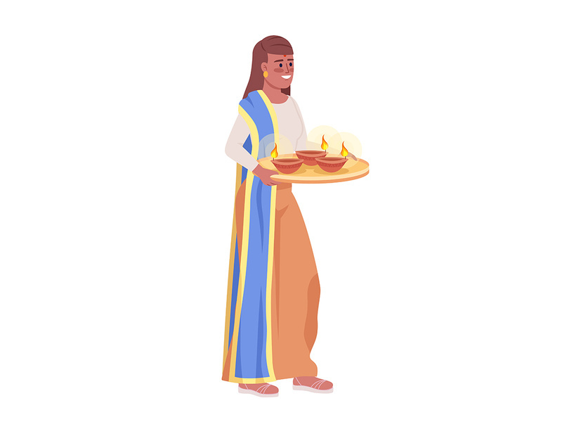 Woman carrying tray with diyas semi flat color vector character